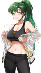 Rule 34 | 1girl, absurdres, bare shoulders, black pants, black sports bra, blush, breasts, cleavage, collarbone, contemporary, earrings, female focus, fire emblem, fire emblem: the blazing blade, green eyes, green hair, high ponytail, highres, jewelry, large breasts, long hair, looking at viewer, lyn (fire emblem), matching hair/eyes, navel, nintendo, ormille, pants, ponytail, simple background, smile, sports bra, stomach, thighs, white background, zipper
