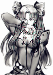 Rule 34 | 1girl, arm up, breasts, cleavage, collarbone, dress, earrings, fate/grand order, fate (series), female focus, gem, greyscale, hair ribbon, holding, holding gem, jewelry, long hair, long sleeves, looking at viewer, medium breasts, monochrome, parted bangs, ribbon, serious, simple background, solo, standing, tohsaka rin, tohsaka rin (formalcraft), two side up, type-moon, upper body, very long hair, white background, yaoshi jun
