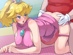 Rule 34 | 1boy, 1girl, all fours, bare shoulders, blonde hair, blue eyes, blush, boris (noborhys), butt crack, clothed sex, covered erect nipples, crown, doggystyle, dress, earrings, gloves, hetero, highres, jewelry, looking back, mario, mario (series), mario tennis, nintendo, open mouth, panties, panties around thighs, panty pull, ponytail, princess peach, sex, sex from behind, super mario bros. 1, sweat, underwear