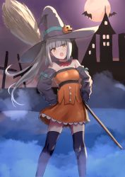 Rule 34 | 1girl, bare shoulders, black hat, black thighhighs, blush, broom, detached sleeves, dress, feet out of frame, garugarubesu, grey hair, halloween, halloween costume, hat, highres, kantai collection, kasumi (kancolle), long hair, looking at viewer, open mouth, orange dress, side ponytail, solo, thighhighs, witch hat, yellow eyes