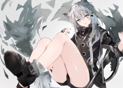 Rule 34 | 1girl, absurdres, animal ears, arknights, black footwear, black gloves, black jacket, black nails, black shorts, boots, commentary, elite ii (arknights), fingerless gloves, foot out of frame, gloves, grey eyes, grey hair, hair between eyes, hair ornament, hairclip, highres, hiiro60, jacket, knees up, lappland (arknights), long hair, looking at viewer, material growth, nail polish, originium arts (arknights), oripathy lesion (arknights), scar, scar across eye, scar on face, shorts, smile, solo, sword, symbol-only commentary, tail, thighs, weapon, white background, wolf ears, wolf tail