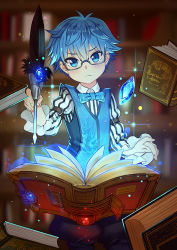 Rule 34 | 10s, 1boy, blue eyes, blue hair, book, bow, bowtie, crystal, fate/extra, fate/extra ccc, fate/grand order, fate (series), glasses, hans christian andersen (fate), male focus, matching hair/eyes, quill, short hair, solo, vest, zhanzheng zi