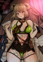Rule 34 | 1girl, absurdres, blush, breasts, bullet, bullpup, cameltoe, cellphone, choker, cowboy shot, double bun, fang, girls&#039; frontline, gun, hair bun, highres, large breasts, light brown hair, navel, necktie, noiretox, p90, p90 (girls&#039; frontline), p90 (the girl from b.e.l) (girls&#039; frontline), personal defense weapon, phone, red eyes, red nails, skin fang, skindentation, smartphone, smile, solo, submachine gun, thick thighs, thighhighs, thighs, torn clothes, weapon