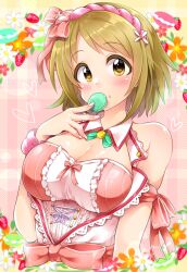 Rule 34 | 1girl, arm ribbon, bare shoulders, blush, bow, bowtie, breasts, brown eyes, brown hair, cleavage, commentary, covered mouth, detached collar, dot nose, dress, dress bow, floral background, flower, food, food on face, frilled dress, frills, fruit, green bow, green bowtie, hair bow, hair flower, hair ornament, hair ribbon, hand up, heart, holding, holding food, idolmaster, idolmaster cinderella girls, idolmaster cinderella girls starlight stage, lace, lace-trimmed dress, lace trim, large breasts, looking at viewer, macaron, mimura kanako, pink background, pink bow, pink dress, pink ribbon, pink scrunchie, plump, red trim, ribbon, sailor collar, scrunchie, short hair, solo, strawberry, trente, upper body, white flower, white sailor collar, wrist scrunchie