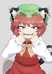 1girl absurdres animal_ear_fluff animal_ear_piercing animal_ears bonobo_(odenokaz) bow bowtie brown_eyes brown_hair cat_ears cat_tail chen commentary_request earrings finger_in_own_mouth frills grey_background half-closed_eyes hands_up highres jewelry long_sleeves looking_at_viewer mouth_pull multiple_tails notice_lines puffy_long_sleeves puffy_sleeves red_skirt red_vest short_hair simple_background single_earring skirt skirt_set solo tail teeth touhou two_tails vest white_bow white_bowtie