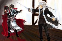 Rule 34 | 1girl, 2boys, covered face, dress, fuse (sound horizon), fuse (xiayu), guitar, hiver laurant, holding, holding sword, holding weapon, instrument, legs apart, michele malebranche, multiple boys, revo, roman (sound horizon), scabbard, sheath, sound horizon, standing, swept bangs, sword, weapon, wooden floor
