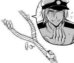 Rule 34 | 1boy, admiral (kancolle), beckoning, comic, commentary request, crowd, epaulettes, greyscale, hair between eyes, hand up, hat, kantai collection, male focus, meme, military, military uniform, mine cart, monochrome, peaked cap, railroad tracks, smile, switch, trolley problem (meme), uniform, yamamoto arifred