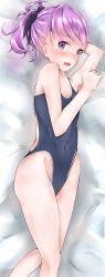 Rule 34 | 1girl, absurdres, arm behind head, arm up, armpits, blush, competition swimsuit, covered navel, dakimakura (medium), fate/grand order, fate (series), groin, helena blavatsky (fate), highleg, highleg swimsuit, highres, long hair, lying, on side, one-piece swimsuit, open mouth, ponytail, popola (artist), purple eyes, purple hair, ribbon, solo, swimsuit