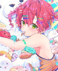 Rule 34 | 1girl, 35p (sakura miko), ahoge, alternate costume, alternate hairstyle, arm strap, armpit crease, blush, bow, braid, breasts, cherry blossoms, commentary, crop top, double-parted bangs, doughnut, flower, food, food in mouth, green eyes, hair between eyes, hair bow, hair flower, hair ornament, hair tie, hairclip, harui (hr x9 ), highres, hololive, hugging doll, hugging object, kintoki (sakura miko), large breasts, looking at viewer, mascot, orange tank top, pink hair, sakura miko, solo, striped tank top, stuffed animal, stuffed toy, symbol-only commentary, tank top, triangle hair ornament, twin braids, twintails, upper body, virtual youtuber, x hair ornament