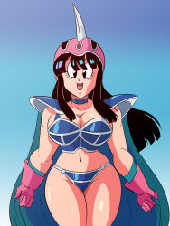 Rule 34 | 1girl, armor, bikini armor, black eyes, black hair, breasts, chi-chi (dragon ball), cloak, dragon ball, dragon ball (classic), dragonball z, female focus, funsexydragonball, gloves, green cloak, green gloves, helmet, highres, large breasts, looking at viewer, mature female, navel, open mouth, panties, pink gloves, shiny skin, shiny swimsuit, sky, smile, solo, underwear, waistband, wide hips