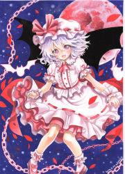 Rule 34 | 1girl, ascot, bat (animal), bat wings, chain, dress, fangs, hat, hat ribbon, looking at viewer, mob cap, moon, mosho, night, open mouth, petals, pink eyes, puffy short sleeves, puffy sleeves, red moon, remilia scarlet, ribbon, short sleeves, sky, smile, solo, touhou, traditional media, watercolor pencil (medium), white dress, wings, wrist cuffs