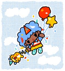 Rule 34 | balloon, birthday, blue hair, blue socks, chibi, closed eyes, closed mouth, cloud, cloudy sky, cotton sprout, hat, open mouth, original, party hat, shirt, skirt, sky, socks, striped clothes, striped shirt, tiger, whiskers, yellow skirt