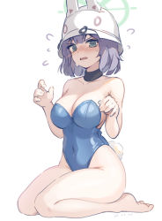 Rule 34 | 1girl, animal ears, asicah, bare arms, bare legs, bare shoulders, barefoot, blue archive, blue eyes, blue leotard, blush, breasts, choker, cleavage, collarbone, covered navel, embarrassed, flying sweatdrops, full body, hat, helmet, large breasts, leotard, looking at viewer, open mouth, playboy bunny, purple hair, rabbit tail, saki (blue archive), seiza, short hair, simple background, sitting, solo, strapless, strapless leotard, tail, thighs, wariza, white background