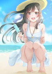 Rule 34 | 1girl, :d, absurdres, bare shoulders, barefoot, beach, black hair, blurry, blurry background, blush, bokeh, breasts, cleavage, clenched hand, cloud, collarbone, depth of field, dress, feet, food, full body, grey eyes, hair between eyes, hair ribbon, hat, highres, holding, holding food, jewelry, knees together feet apart, kobayashi nyoromichi, long hair, love live!, love live! sunshine!!, mogyutto &quot;love&quot; de sekkin chuu!, necklace, open mouth, popsicle, ribbon, sand, sky, smile, solo, squatting, sundress, teeth, toes, upper teeth only, waves, white dress, yuki setsuna (love live!)