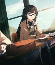 Rule 34 | 1girl, 1other, absurdres, black-framed eyewear, black bow, black hair, black sweater, blazer, bow, brown eyes, brown jacket, chair, closed mouth, collared shirt, curtains, desk, diagonal-striped bow, dress shirt, glasses, highres, idolmaster, idolmaster shiny colors, indoors, jacket, long hair, long sleeves, looking at viewer, mayuzumi fuyuko, misaki nonaka, open clothes, open jacket, pencil case, school chair, school desk, school uniform, shirt, solo focus, sweater, very long hair, white shirt, window