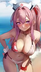 Rule 34 | 1girl, absurdres, alfarejected, bare shoulders, beach, bikini, blush, breasts, choker, cleavage, cloud, cloudy sky, collarbone, commentary, day, english commentary, goddess of victory: nikke, hair between eyes, hand on own hip, hat, highres, large breasts, long hair, looking at viewer, midriff, navel, nurse cap, ocean, official alternate costume, pepper (nikke), pepper (ocean vitamin) (nikke), pink eyes, pink hair, red bikini, side-tie bikini bottom, side ponytail, sky, smile, solo, standing, swimsuit, two-tone bikini, white bikini, white hat