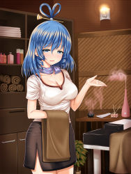 Rule 34 | 1girl, alternate costume, black skirt, blanket, blue hair, bottle, breasts, candlelight, cleavage, coil, collarbone, contemporary, cowboy shot, drawer, drill hair, eyelashes, glass, hair ornament, hair rings, hair stick, highres, incense, indoors, kaku seiga, lantern, large breasts, miniskirt, palms, pencil skirt, pink lips, plant, potted plant, salon, scarf, shelf, short sleeves, skin tight, skirt, smile, smoke, solo, spray can, steam, stick, touhou, towel, transparent, twin drills, u2 (5798239), vase