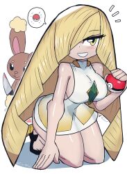 Rule 34 | 1girl, absurdres, bare shoulders, black footwear, blonde hair, blood, blood on face, bloody knife, bloody weapon, breasts, buneary, creatures (company), dot nose, dress, eyelashes, female focus, game freak, gen 4 pokemon, green eyes, hair over one eye, half-closed eyes, highres, holding, holding poke ball, kneeling, knife, large breasts, long hair, lusamine (pokemon), nintendo, poke ball, pokemon, pokemon sm, shiny skin, sideboob, simple background, sleeveless, smile, solo, thick thighs, thighs, tony welt, weapon, white background, white dress, wide hips, yellow eyes