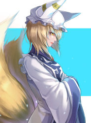 Rule 34 | 1girl, animal hat, blonde hair, blue background, breasts, brooch, commentary, dress, eyeshadow, fox tail, from side, hat, jewelry, lipstick, long sleeves, makeup, medium breasts, mob cap, multiple tails, ofuda, petals, profile, re (re 09), red lips, short hair, solo, tabard, tail, touhou, two-tone background, upper body, white background, white dress, white hat, wide sleeves, yakumo ran, yellow eyes