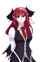 Rule 34 | 1girl, arms behind back, bat wings, black skirt, black vest, breasts, buttons, collared shirt, commentary, cowboy shot, dress shirt, english commentary, eyes visible through hair, hair between eyes, head tilt, head wings, highres, koakuma, light smile, long hair, long sleeves, low wings, medium breasts, necktie, pointy ears, red eyes, red hair, red necktie, shirt, sidelocks, simple background, skirt, skirt set, snakfusker, solo, touhou, untucked shirt, vest, white background, white shirt, wings