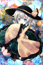 Rule 34 | 1girl, blue flower, blue rose, cocozasa, covering own mouth, floral print, flower, framed, green eyes, hat, hat ribbon, komeiji koishi, long sleeves, looking at viewer, ribbon, rose, shirt, silver hair, skirt, sleeves past wrists, solo, third eye, touhou, wide sleeves