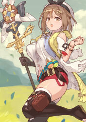 Rule 34 | 1girl, atelier (series), atelier ryza, atelier ryza 1, belt, beret, blush, breasts, brown belt, brown eyes, brown gloves, brown hair, brown thighhighs, cleavage, collarbone, commentary request, gloves, hair ornament, hairclip, hat, highres, holding, holding staff, jewelry, looking at viewer, medium breasts, navel, necklace, open mouth, outdoors, photoshop (medium), red shorts, reisalin stout, revision, short shorts, shorts, single glove, solo, staff, standing, standing on one leg, star (symbol), star necklace, teeth, thighhighs, thighs, upper teeth only, white hat, white thighhighs, yagi2013