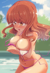 Rule 34 | 1girl, bikini, blue sky, blunt bangs, blush, breasts, bush, cleavage, cloud, cloudy sky, commentary, covering breasts, covering privates, cowboy shot, day, frown, girls und panzer, highres, jinguu (4839ms), large breasts, leaning forward, long hair, navel, open mouth, orange eyes, orange hair, outdoors, pink bikini, sky, solo, standing, sweatdrop, swimsuit, takebe saori, untied bikini, v-shaped eyebrows, wardrobe malfunction
