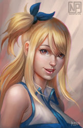 Rule 34 | 1girl, artist logo, artist name, blonde hair, brown eyes, eyelashes, fairy tail, hair between eyes, long hair, lucy heartfilia, nopeys, nose, parted lips, red lips, solo