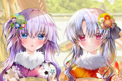 Rule 34 | 2girls, absurdres, asahina yori, blue eyes, blue hair, blue ribbon, blurry, blurry background, blush, closed mouth, commentary, day, eyelashes, eyes visible through hair, floral print, flower, frown, fur-trimmed kimono, fur trim, hair between eyes, hair flower, hair ornament, hair over shoulder, hatsumoude, highres, japanese clothes, kanzashi, kimono, leaf hair ornament, long hair, looking at viewer, multiple girls, new year, one side up, open mouth, outdoors, parted bangs, purple hair, purple kimono, red eyes, red flower, red kimono, ribbon, siblings, side-by-side, sidelocks, sisters, smile, sorakado ai, sorakado ao, straight-on, summer pockets, upper body, wavy hair, white flower, white fur