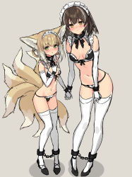 Rule 34 | 2girls, :o, absurdres, animal ears, ankle cuffs, arknights, bdsm, black bra, black collar, black footwear, black legwear, black neckwear, black panties, blonde hair, blush, bondage, bound, bow, bow bra, bow panties, bra, braid, breasts, brown hair, chinese commentary, collar, commentary request, detached sleeves, earrings, embarrassed, fox ears, fox girl, fox tail, full body, green eyes, grey background, hand up, height difference, highres, holding hands, jewelry, kitsune, kyuubi, looking at viewer, magallan (arknights), maid headdress, medium breasts, medium hair, multicolored hair, multiple girls, multiple tails, navel, panties, shadow, shoes, short hair, sigm@, simple background, sketch, slave, small breasts, standing, stomach, streaked hair, suzuran (arknights), tail, thighhighs, underwear, white hair, white headdress, white legwear, white sleeves, yellow eyes