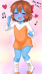 Rule 34 | 00s, 1girl, = =, absurdres, blue hair, blue skin, blush, boots, bow, child, clenched hands, colored skin, dancing, dress, english text, closed eyes, flat chest, hair bow, heart, highres, interstella 5555, lyrics, motion lines, musical note, open mouth, pigeon-toed, quaver, short hair, smile, solo, vokatron