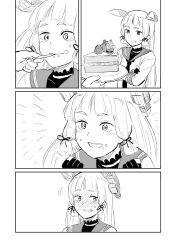 Rule 34 | 10s, 1girl, :d, blunt bangs, blush, cake, comic, crossed arms, dress, eating, eyebrows, food, full-face blush, gloves, greyscale, hair ribbon, kantai collection, long hair, monochrome, murakumo (kancolle), nathaniel pennel, necktie, open mouth, ribbon, sailor dress, silent comic, simple background, smile, thick eyebrows, white background