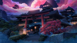 Rule 34 | absurdres, architecture, building, bush, cloud, cloudy sky, commentary request, east asian architecture, full moon, highres, inuyasha, lantern, moon, mountain, night, night sky, no humans, outdoors, paper lantern, scenery, sky, stairs, star (sky), stone wall, torii, tree, wall, xi chen chen