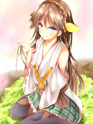 Rule 34 | 10s, 1girl, alternate hair length, alternate hairstyle, bad id, bad pixiv id, black pantyhose, blue eyes, boots, brown hair, detached sleeves, frilled skirt, frills, hairband, headgear, hiei (kancolle), highres, holding, holding own hair, japanese clothes, kantai collection, long hair, looking at viewer, neko sensha, nontraditional miko, pantyhose, personification, plaid, plaid skirt, skirt, smile, solo, thigh boots, thighhighs