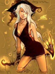 Rule 34 | 1girl, bad id, bad pixiv id, hair over one eye, hat, kazeco, long hair, original, solo, white hair, witch, witch hat