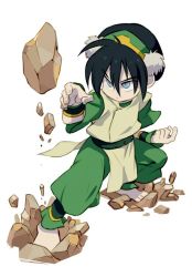 Rule 34 | 1girl, avatar: the last airbender, avatar legends, barefoot, black hair, blind, blue eyes, chinese clothes, closed mouth, element bending, full body, hair bun, hairband, jewelry, nemurism, short hair, simple background, single hair bun, solo, toph bei fong, white background