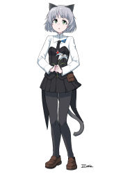 Rule 34 | 501st joint fighter wing, absurdres, animal ears, black necktie, black shirt, black skirt, cat ears, cat girl, cat tail, dragoncastle, green eyes, highres, looking up, military, military uniform, multicolored shirt, necktie, pantyhose, sanya v. litvyak, shirt, silver hair, skirt, solo, strike witches, tail, uniform, white background, white shirt, world witches series
