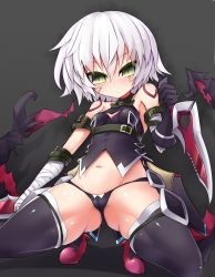 Rule 34 | 1girl, ass, bandaged arm, bandages, bare shoulders, black panties, black thighhighs, boots, breasts, cameltoe, cleft of venus, fate/apocrypha, fate/grand order, fate (series), gloves, gluteal fold, green eyes, jack the ripper (fate/apocrypha), looking at viewer, navel, panties, sasamashin, scar, short hair, silver hair, small breasts, solo, spread legs, squatting, thigh boots, thighhighs, underwear, weapon