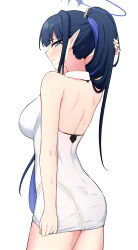 Rule 34 | 1girl, black hair, blue archive, blue eyes, blue hair, blue halo, blush, breasts, closed mouth, collared dress, colored inner hair, cowboy shot, dress, halo, highres, large breasts, looking at viewer, multicolored hair, pointy ears, ponytail, profile, rin (blue archive), simple background, sleeveless, sleeveless dress, solo, sweat, tennen inari, white background, white dress