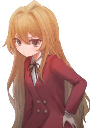 Rule 34 | 1girl, absurdres, aisaka taiga, ange tokei, black ribbon, blazer, brown eyes, brown hair, buttons, closed mouth, collared shirt, commentary request, double-breasted, hair between eyes, hair intakes, hand on own hip, highres, jacket, long hair, long sleeves, looking at viewer, neck ribbon, oohashi high school uniform, partial commentary, red jacket, ribbon, school uniform, shirt, simple background, solo, toradora!, upper body, very long hair, white background, white shirt