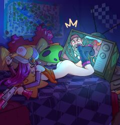 Rule 34 | 1girl, absurdres, arcade miss fortune, ass, bare shoulders, beard, bed, boots, breasts, crt, detached sleeves, facial hair, freckles, gangplank (league of legends), gun, hat, heart, heart-shaped pillow, highres, holding, holding gun, holding weapon, indoors, jacket, league of legends, long hair, medium breasts, miss fortune (league of legends), mushroom, no panties, no pants, on bed, open clothes, open jacket, orange jacket, pillow, pink hair, plaid blanket, purple hat, rolo&#039;s art, sideboob, smile, solo, teeth, television, weapon, yellow hat