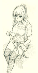 Rule 34 | 1girl, casual, cat, cat teaser, hood, hoodie, korisei, light smile, monochrome, open clothes, open hoodie, original, ponytail, shorts, sitting, sketch, thighhighs