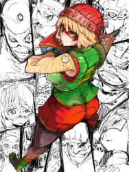 Rule 34 | 1girl, arms (game), ass, barq, beanie, blonde hair, bob cut, boxing gloves, breasts, byte (arms), capri pants, dna man (arms), domino mask, dr. coyle, eyebrows visible through mask, from above, from behind, green eyes, green footwear, hat, high tops, highres, kid cobra, knit hat, legs apart, pantyhose under shorts, lola pop, mask, master mummy (arms), max brass, mechanica (arms), min min (arms), misango, ninjara (arms), orange shorts, pants, pantyhose, ribbon girl (arms), shoes, short hair, shorts, sneakers, spring man (arms), springtron, standing, takayama toshinori, twintelle (arms)