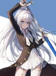 Rule 34 | 1girl, :d, absurdres, artist request, black coat, blue eyes, closed mouth, coat, commission, cowboy shot, dress, floating hair, garter straps, highres, holding, holding sword, holding weapon, long hair, long sleeves, looking at viewer, open mouth, original, scabbard, second-party source, sheath, smile, solo, standing, sword, thighhighs, unsheathing, very long hair, weapon, white-haired girl (asylum), white dress, white hair, white thighhighs