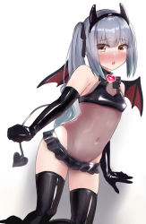 Rule 34 | 1girl, black gloves, black ribbon, black thighhighs, blush, demon horns, demon tail, demon wings, elbow gloves, gloves, grey hair, groin, hair ribbon, horns, kantai collection, kasumi (kancolle), long hair, navel, open mouth, ribbon, sasakura (calicchio), shiny clothes, side ponytail, solo, tail, thighhighs, white background, wings, yellow eyes