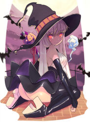 Rule 34 | 1girl, affiliation, ass, bare shoulders, bat (animal), blonde hair, breasts, candy, candy cane, detached sleeves, elbow gloves, food, ghost, gloves, halloween, hat, high heels, jack-o&#039;-lantern, long hair, looking at viewer, looking back, medium breasts, original, red eyes, sitting, skirt, smile, solo, symbol-shaped pupils, thighs, wariza, witch, witch hat