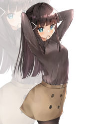 Rule 34 | 1girl, absurdres, adjusting hair, arms behind head, black pantyhose, black sweater, blunt bangs, brown skirt, hair ornament, highres, kurosawa dia, long sleeves, looking at viewer, love live!, love live! sunshine!!, mole, mole under mouth, mouth hold, pantyhose, simple background, sin (sin52y), skirt, smile, solo, sweater, white background, zoom layer