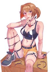 Rule 34 | 1girl, absurdres, bdsm, blue footwear, breasts, cable tie, commission, gag, gag around neck, girls&#039; frontline, grizzly mkv (girls&#039; frontline), grizzly mkv (weekend cop) (girls&#039; frontline), hair ornament, hair scrunchie, highres, lar grizzly win mag, leveen, medium breasts, navel, official alternate costume, purple eyes, scissors, scrunchie, second-party source, short hair, short ponytail, short shorts, shorts, sitting, skindentation, tank top, thigh strap, unworn gag, white background, yellow shorts