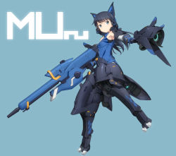 Rule 34 | 1girl, alice gear aegis, blue background, blue eyes, blue hair, bodysuit, commentary request, full body, gun, headphones, holding, holding gun, holding weapon, koashi mutsumi, looking at viewer, mecha musume, mechanical ears, shimada fumikane, shorts, simple background, solo, weapon