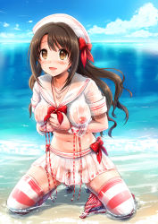 Rule 34 | 10s, 1girl, anchor, beach, bikini, blush, breasts, brown eyes, brown hair, cloud, covered erect nipples, day, hat, highres, idolmaster, idolmaster cinderella girls, jewelry, kneeling, long hair, looking at viewer, medium breasts, nipples, one side up, open mouth, outdoors, partially submerged, pendant, reco (fortunequest), sailor collar, sailor hat, see-through, shimamura uzuki, shiny skin, skindentation, sky, smile, solo, striped bikini, striped clothes, swimsuit, untied bikini, wet